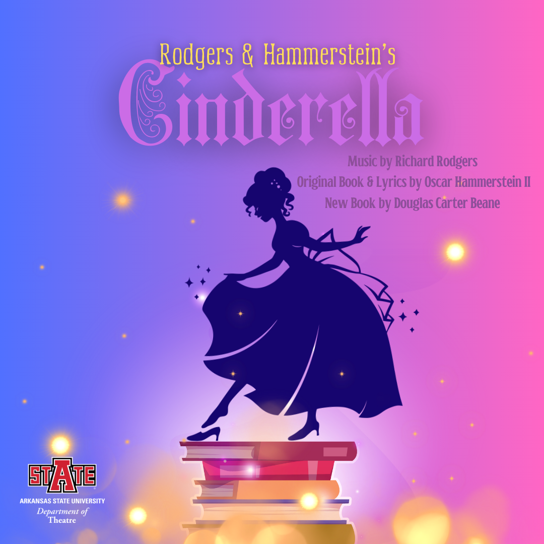 Cinderella's silhoutte, standing on a pile of books, on a colorful background